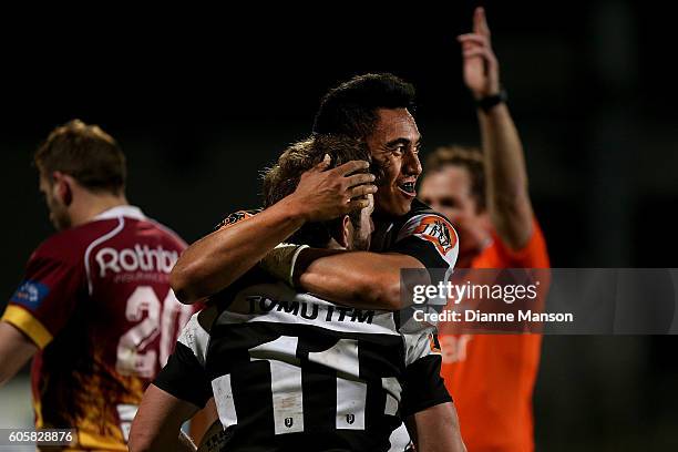Mason Emerson of Hawkes Bay celebrates his try during the round five Mitre 10 Cup match between Southland v Hawke's Bay at Rugby Park Stadium on...