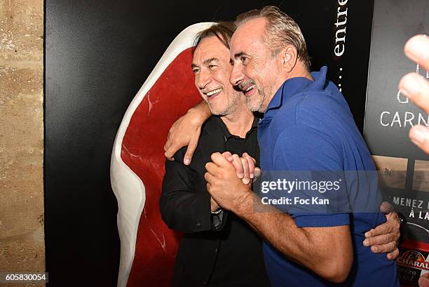 Actors Antoine Dulery and Richard Berry attend the 'Charal' 30th Anniversary Pop Up Store Opening Party at Rue des Halles on September 14, 2016 in...