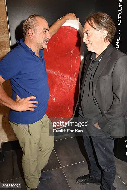 Actors Antoine Dulery and Richard Berry attend the 'Charal' 30th Anniversary Pop Up Store Opening Party at Rue des Halles on September 14, 2016 in...