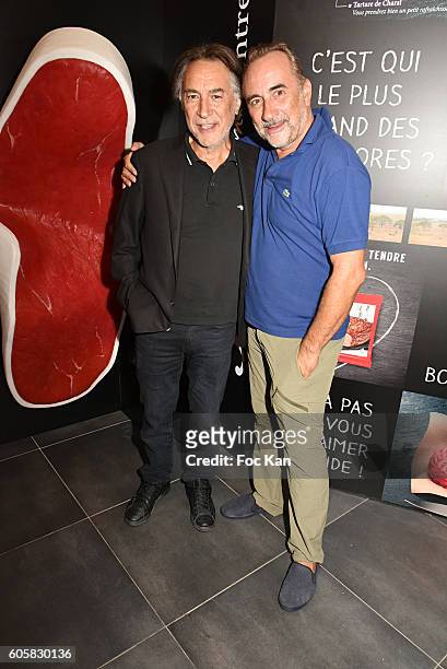 Actors Antoine Dulery and Richard Berry attend the 'Charal' 30th Anniversary Pop Up Store Opening Party at Rue des Halles on September 14, 2016 in...