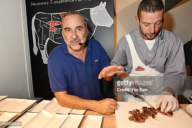 Actor Antoine Dulery and Chef Ludovic Robineau attend the 'Charal' 30th Anniversary Pop Up Store Opening Party at Rue des Halles on September 14,...