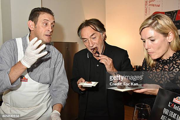 Chef Jocelyn Chabauty actor Richard Berry and TV presenter Louise Ekland attend the 'Charal' 30th Anniversary Pop Up Store Opening Party at Rue des...