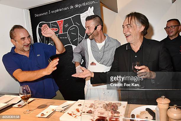 Actor Antoine Dulery, Charal Chef Ludovic Robineau and actor Richard Berry attend the 'Charal' 30th Anniversary Pop Up Store Opening Party at Rue des...