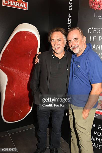 Actors Antoine Dulery and Richard Berry attend the 'Charal' 30th Anniversary Pop Up Store Opening Party at Rue des Halles on September 14, 2016 in...