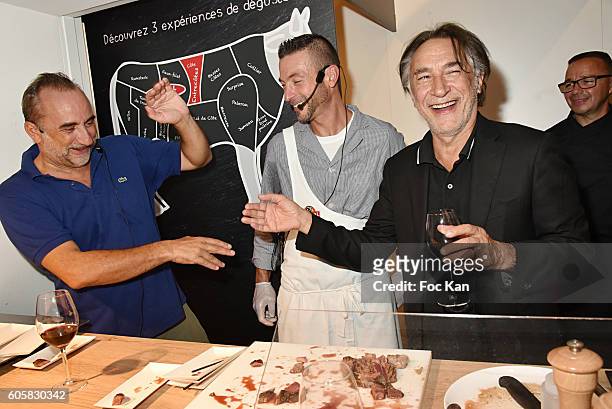 Actor Antoine Dulery, Charal Chef Ludovic Robineau and actor Richard Berry attend the 'Charal' 30th Anniversary Pop Up Store Opening Party at Rue des...