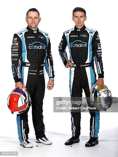 Todd Kelly and Matt Campbell drivers of the Nissan Motorsport Nissan pose during a V8 Supercars portrait session at Sandown International Motor...