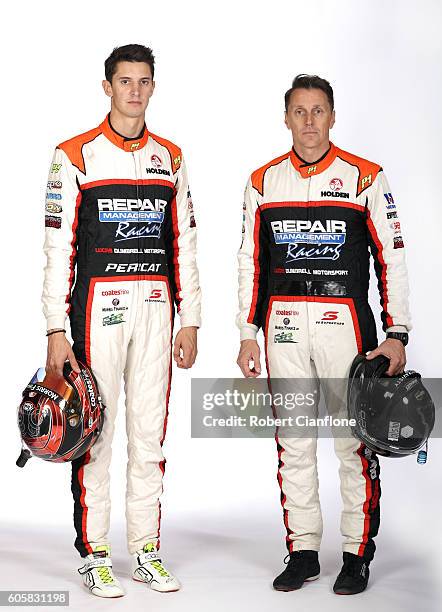 Nick Percatand Cameron McConville drivers of the Lucas Dumbrell Motorsport Holden pose during a V8 Supercars portrait session at Sandown...