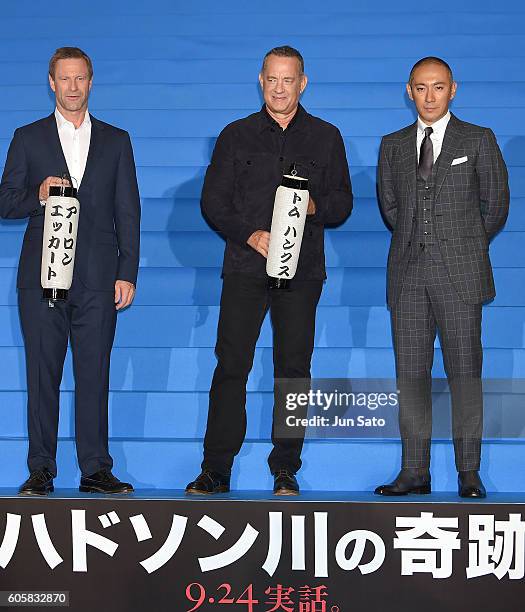 Actors Aaron Eckhart, Tom Hanks and Ebizo Ichikawa attend the "Sully" Tokyo Premiere at Yurakucho Mullion on September 15, 2016 in Tokyo, Japan.