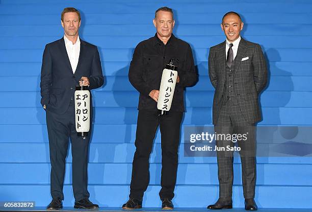 Actors Aaron Eckhart, Tom Hanks and Ebizo Ichikawa attend the "Sully" Tokyo Premiere at Yurakucho Mullion on September 15, 2016 in Tokyo, Japan.