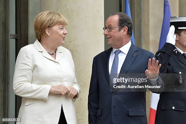 French President Francois Hollande receives German Chancellor Angela Merkel at Elysee Palace on September 15, 2016 in Paris, France. The two leaders...