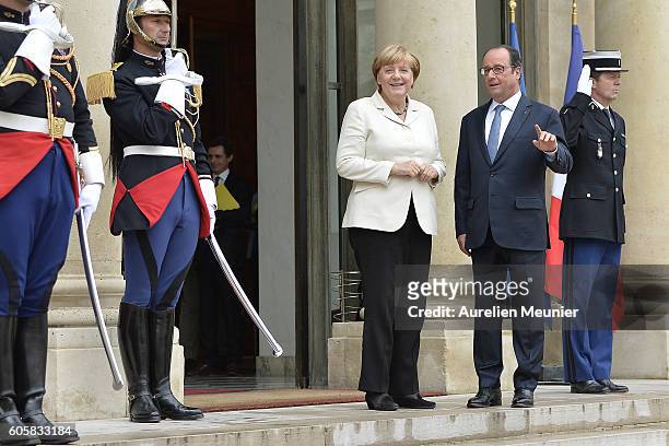 French President Francois Hollande receives German Chancellor Angela Merkel at Elysee Palace on September 15, 2016 in Paris, France. The two leaders...