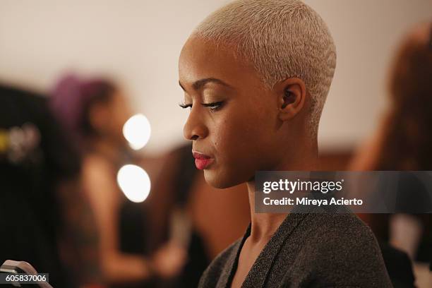 Model prepares backstage before the FrontRow fashion show during Style360 NYFW September 2016 at Metropolitan West on September 14, 2016 in New York...