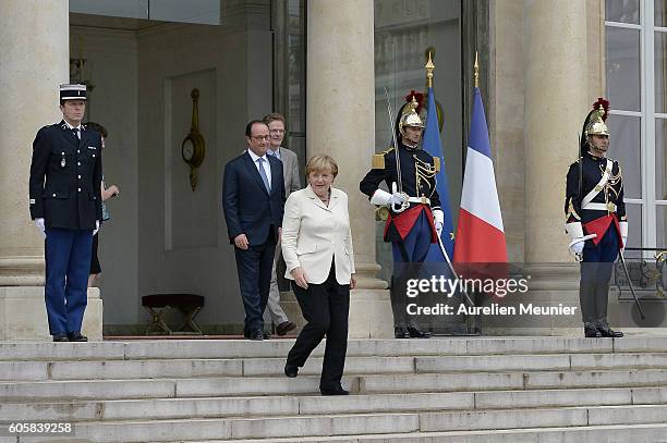 German Chancellor Angela Merkel leaves the Elysee Palace after a meeting with French President Francois Hollande on September 15, 2016 in Paris,...