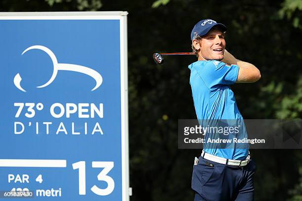 Amateur Lorenzo Scalise of Italy tees off on the 13th hole during the first round of the Italian Open at Golf Club Milano on September 15, 2016 in...
