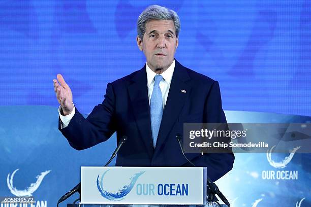 Secretary of State John Kerry delivers opening remarks at the Our Oceans conference at the State Department's Harry S. Truman building September 15,...