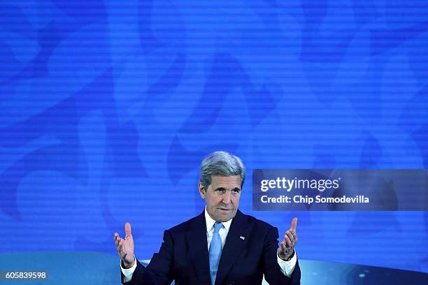 Secretary of State John Kerry delivers opening remarks at the Our Oceans conference at the State Department's Harry S. Truman building September 15,...