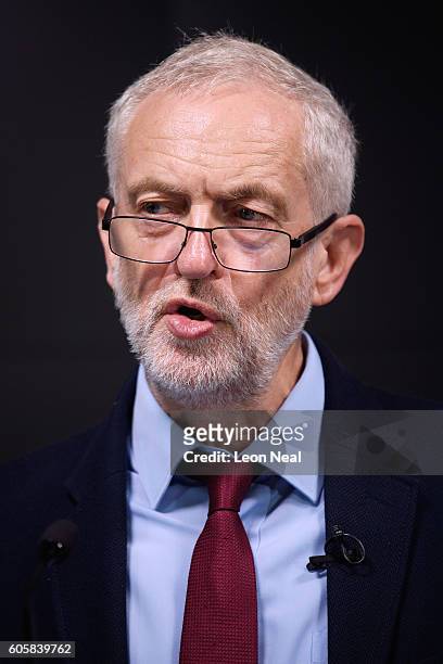Labour Party leader Jeremy Corbyn addresses journalists during a keynote speech on the future of the economy, held at the Bloomberg headquarters on...