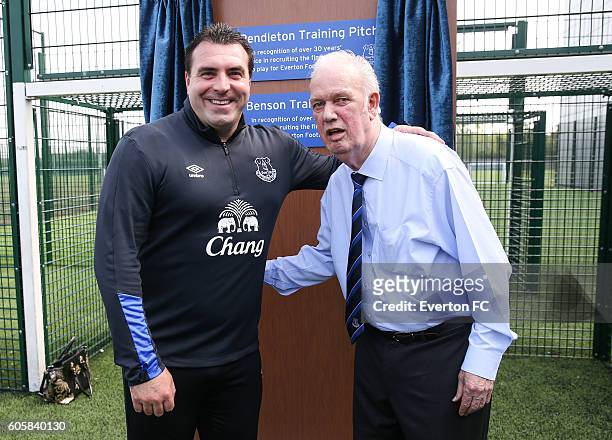 Everton's U-23 manager David Unsworth and Bob Pendleton during the plaque unveiling at Finch Farm on September 15, 2016 in Halewood, England.