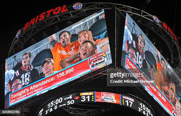 General view of the Bristol Motor Speedway scoreboard, Colossus, during the game between the Virginia Tech Hokies and the Tennessee Volunteers on...
