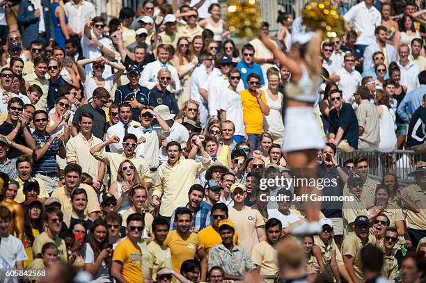 Georiga Tech Yellow Jacket fans cheer during the game against the Mercer Bears at Bobby Dodd Stadium on September 10, 2016 in Atlanta, Georgia. The...