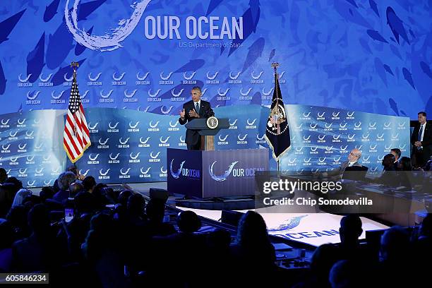 President Barack Obama delivers remarks at the Our Oceans conference at the State Department's Harry S. Truman building September 15, 2016 in...