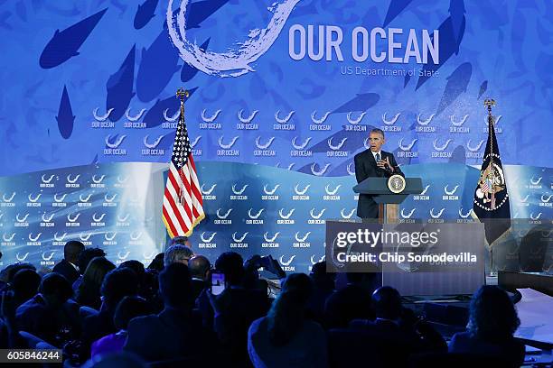 President Barack Obama delivers remarks at the Our Oceans conference at the State Department's Harry S. Truman building September 15, 2016 in...