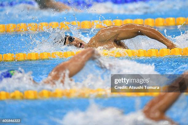 Keiichi Kimura of Japan competes in the men's 100m freestyle - S11 heats on day 8 of the Rio 2016 Paralympic Games at Olympic Aquatics Stadium on...