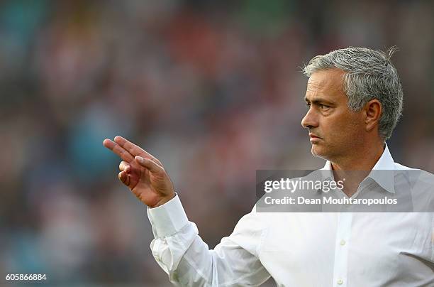 Jose Mourinho, Manager of Manchester United reacts prior to the UEFA Europa League Group A match between Feyenoord and Manchester United FC at...