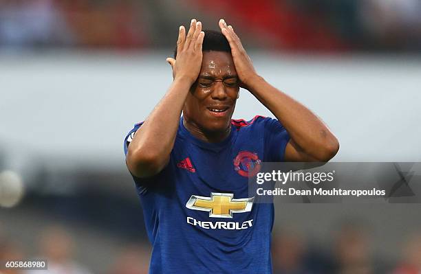 Anthony Martial of Manchester United reacts after a missed chance during the UEFA Europa League Group A match between Feyenoord and Manchester United...
