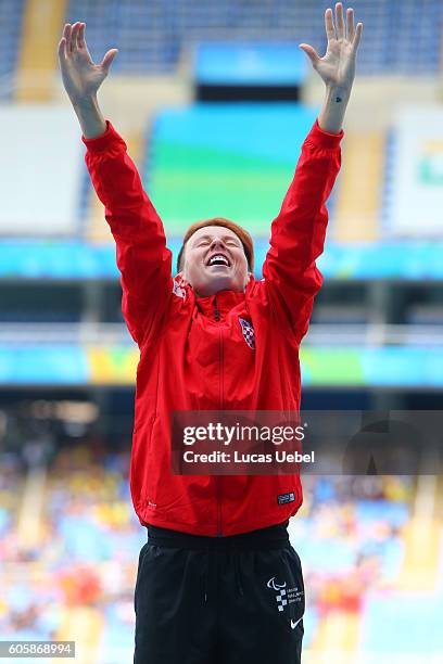 Gold medalist Mikela Ristoski of Croatia poses on the podium at the medal ceremony for Women's Long Jump - T20 during day 8 of the Rio 2016...