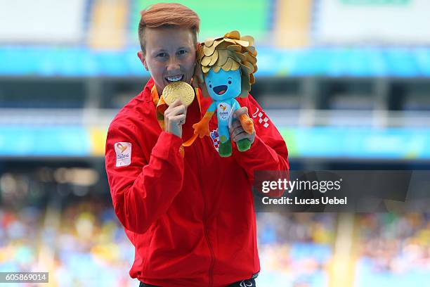 Gold medalist Mikela Ristoski of Croatia poses on the podium at the medal ceremony for Women's Long Jump - T20 during day 8 of the Rio 2016...