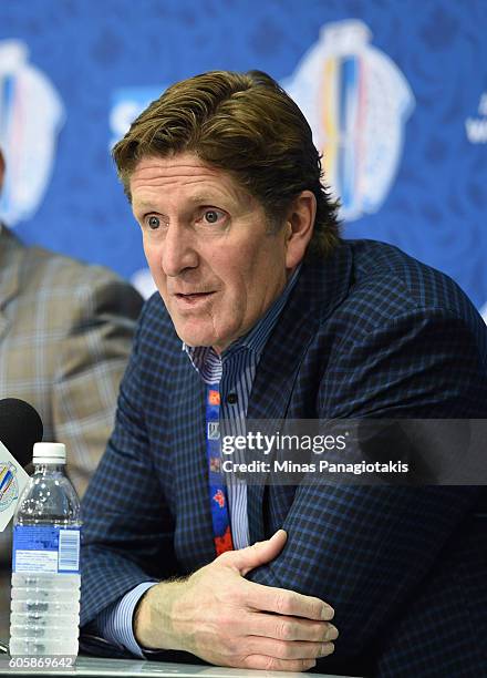 Coach Mike Babcock of Team Canada listens to a questions during Media day at the World Cup of Hockey 2016 at Air Canada Centre on September 15, 2016...