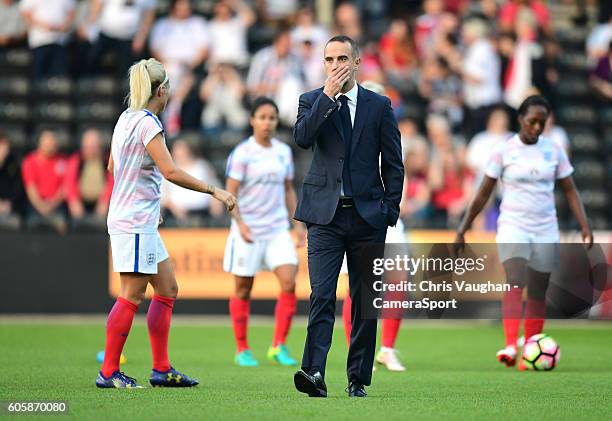 England women's Manager Mark Sampson during the pre-match warm-up ahead of the UEFA Womens European Championship Qualifying Group 7 match between...