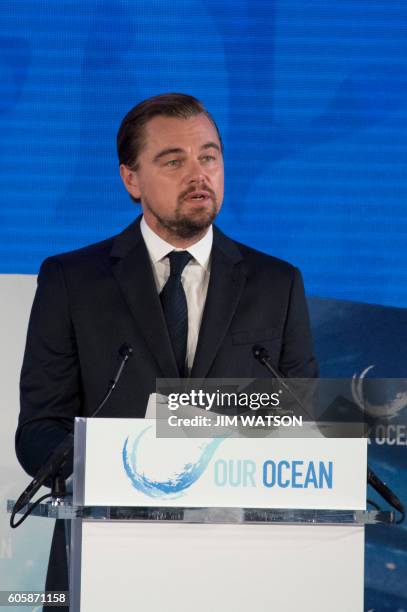 Actor and environmental activist Leonardo DiCaprio speaks during the Our Ocean Conference at the US State Department in Washington, DC, September 15,...