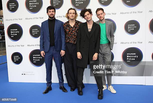 Ross MacDonald, George Daniel, Matthew Healy and Adam Hann of The 1975 pose for a photo at the Hyundai Mercury Prize 2016 at Eventim Apollo on...