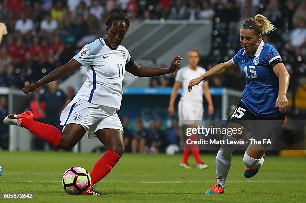 Danielle Carter of England scores a goal during the UEFA Women's Euro 2017 Qualifier between England Women and Estonia Women at Meadow Lane on...