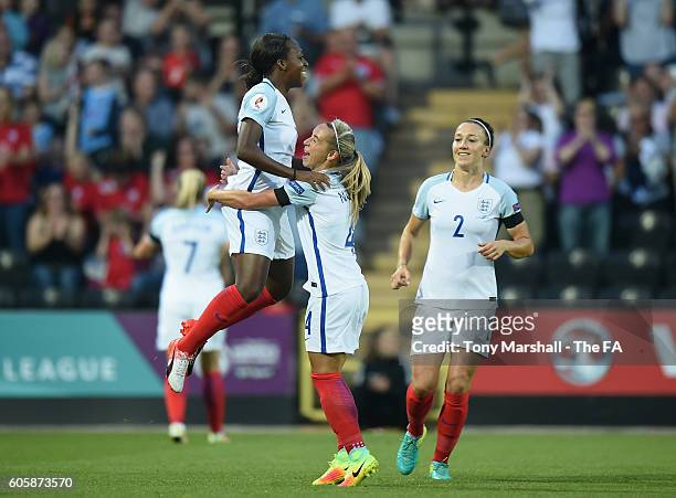 Danielle Carter of England celebrates scoring their first goal during the UEFA Women's Euro 2017 Qualifier match between England Women and Estonia...