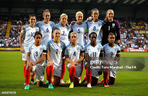 Players of England pose for a team photo before the UEFA Women's Euro 2017 Qualifier match between England Women and Estonia Women at Meadow Lane on...