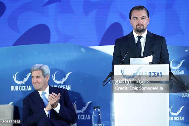 Actor and environmental activist Leonardo DiCaprio announces the launch of the Global Fishing Watch with U.S. Secretary of State John Kerry during...