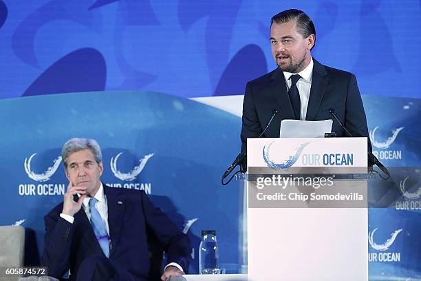 Actor and environmental activist Leonardo DiCaprio announces the launch of the Global Fishing Watch with U.S. Secretary of State John Kerry during...