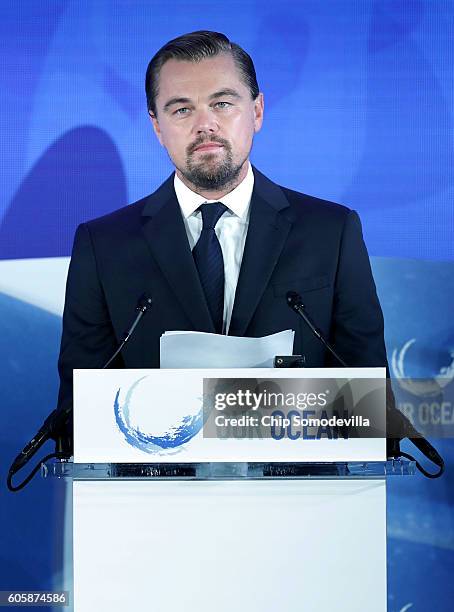 Actor and environmental activist Leonardo DiCaprio announces the launch of the Global Fishing Watch during the Our Oceans conference at the State...