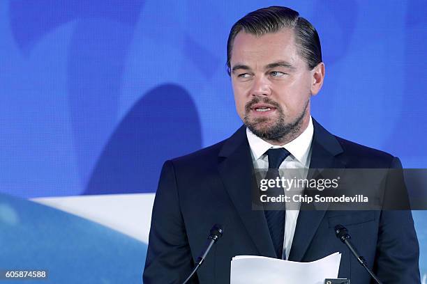 Actor and environmental activist Leonardo DiCaprio announces the launch of the Global Fishing Watch during the Our Oceans conference at the State...