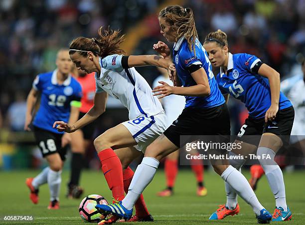 Jill Scott of England holds off Kaire Palmaru of Estonia during the UEFA Women's Euro 2017 Qualifier between England Women and Estonia Women at...