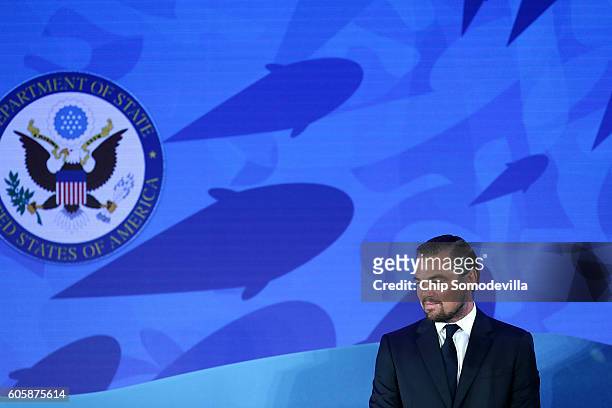 Actor and environmental activist Leonardo DiCaprio prepares to announce the launch of the Global Fishing Watch during the Our Oceans conference at...
