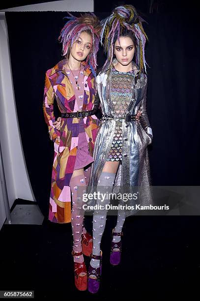 Gigi Hadid and Kendall Jenner pose backstage at the Marc Jacobs Spring 2017 fashion show during New York Fashion Week at the Hammerstein Ballroom on...