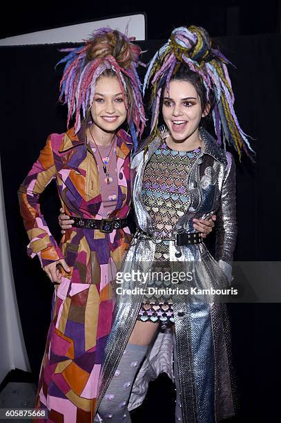 Gigi Hadid and Kendall Jenner pose backstage at the Marc Jacobs Spring 2017 fashion show during New York Fashion Week at the Hammerstein Ballroom on...