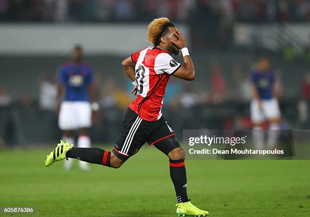 Tonny Vilhena of Feyenoord celebrates scoring his sdies first goal during the UEFA Europa League Group A match between Feyenoord and Manchester...