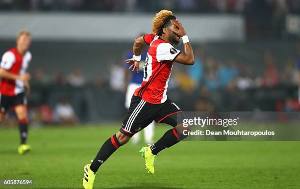 Tonny Vilhena of Feyenoord celebrates scoring his sdies first goal during the UEFA Europa League Group A match between Feyenoord and Manchester...