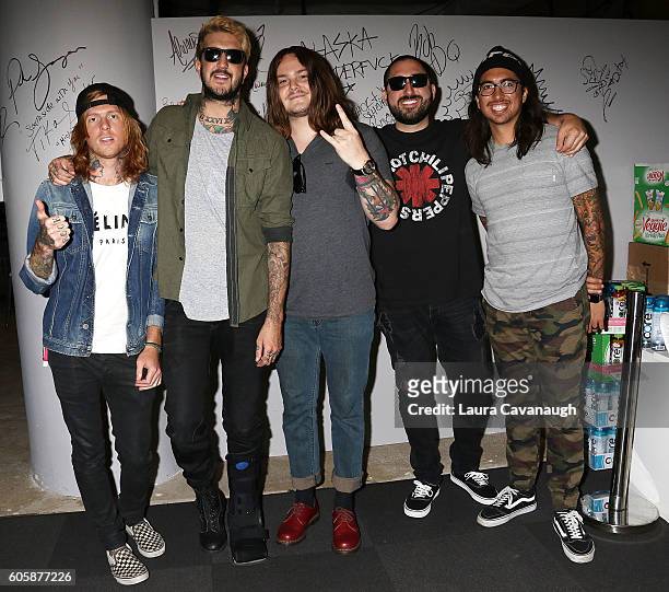 Alan Ashby, Austin Carlile, Aaron Pauley, Valentino "Tino" Arteaga and Phil Manansala of the band Of Mice and Men attend The BUILD Series to discuss...
