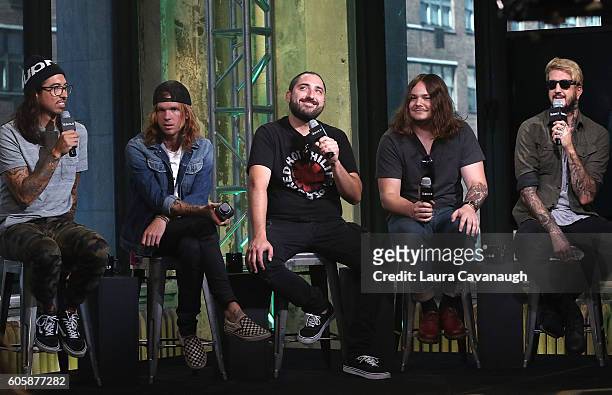 Phil Manansala, Alan Ashby, Valentino "Tino" Arteaga, Aaron Pauley and Austin Carlile of the band Of Mice and Men attend The BUILD Series to discuss...